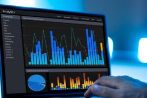 A computer screen with a series of bar graphs and pie charts