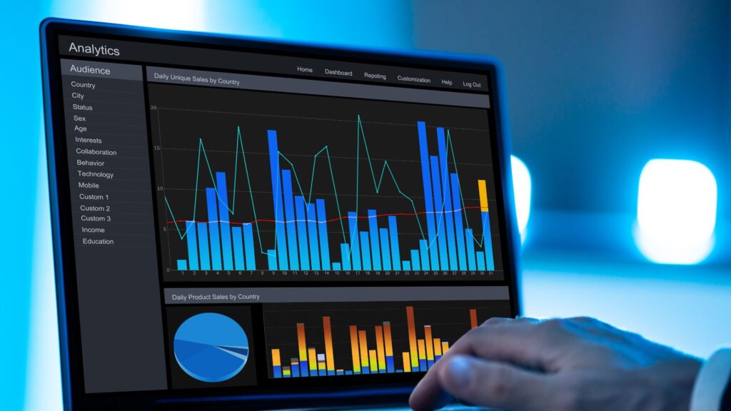 A computer screen with a series of bar graphs and pie charts