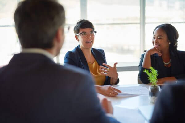 A woman pitches an idea to a boardroom of businesspeople