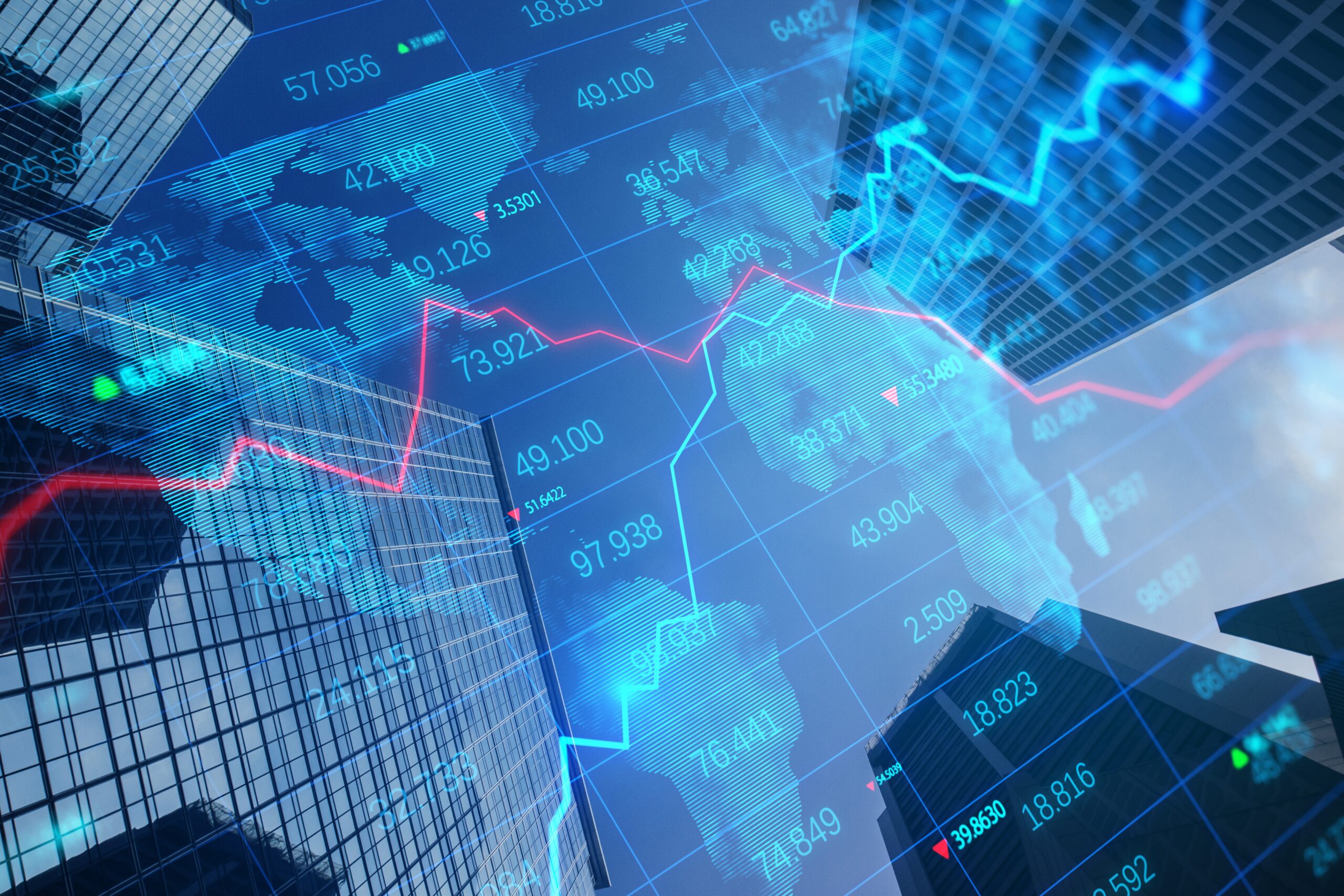 creative glowing blue map with numbers and charts